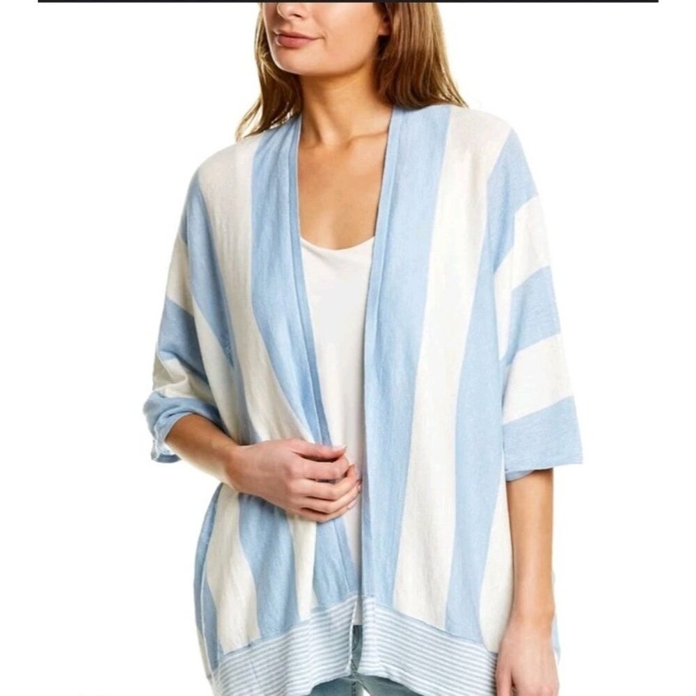 J McLaughlin Amy Wrap Linen Womens OS One Size Blue White Cardigan Bohemian Boho